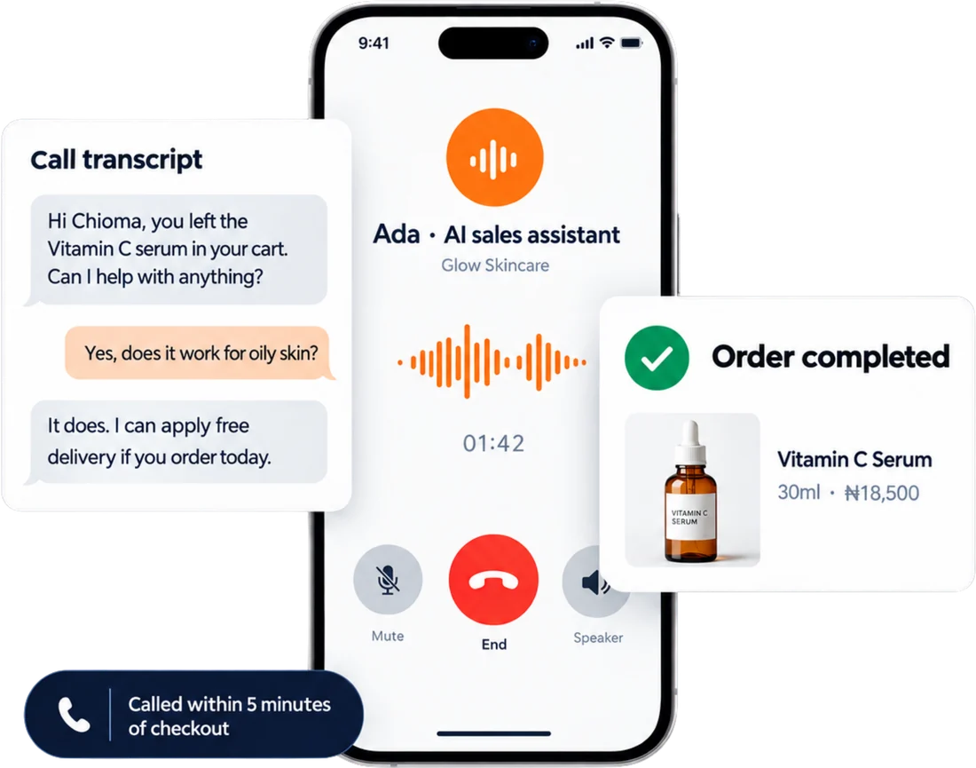 An AI sales assistant on a phone call with a shopper, a call transcript and an order completed for a vitamin C serum
