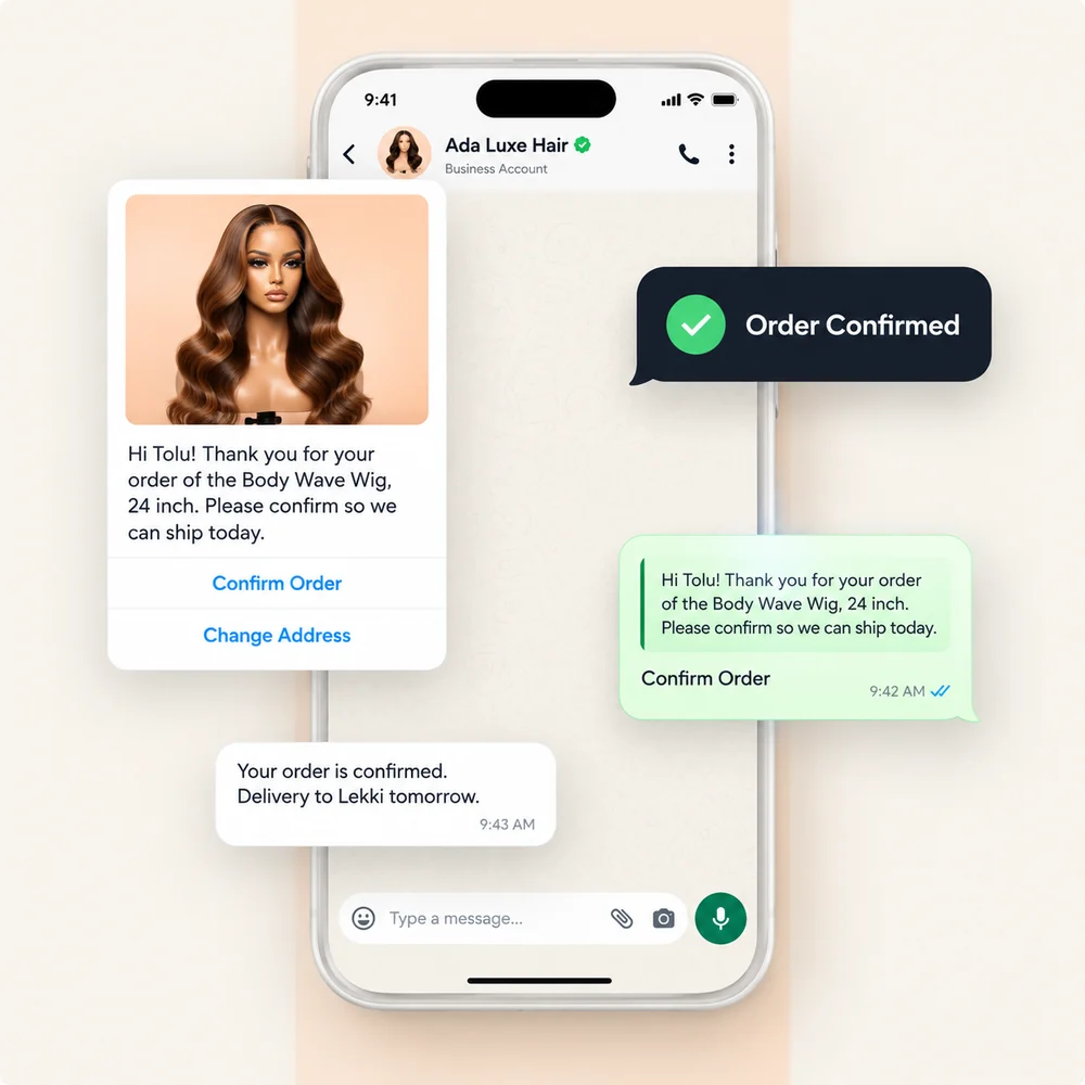 A WhatsApp Business chat confirming a wig order with Confirm Order and Change Address buttons